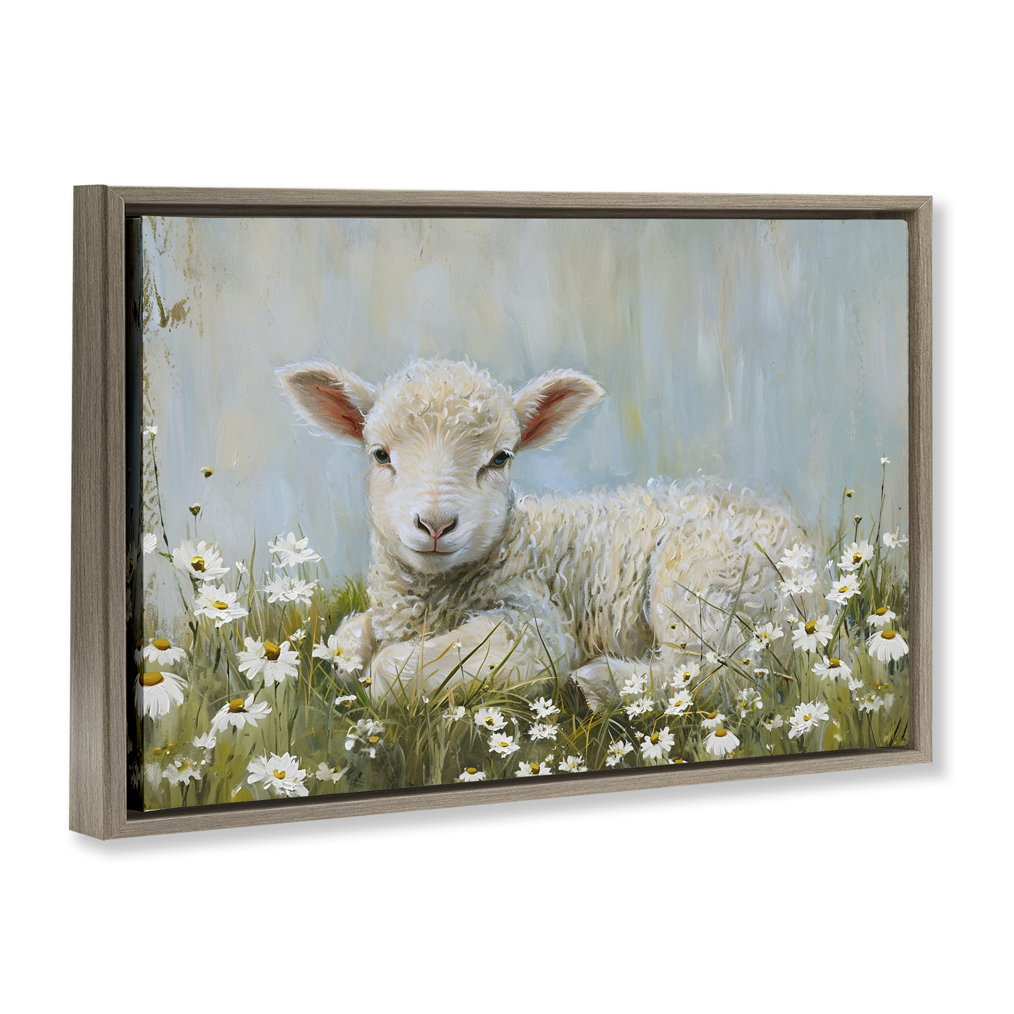 Stupell Industries Lamb Resting in Meadow Animals & Insects Painting Brown Floater Framed Canvas Art Print Wall Art, 31 x 21