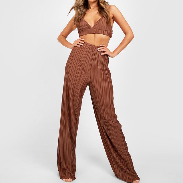 Señoras Sling Top Pantalón largo Color sólido Cuello en V Top Pantalones de pierna ancha Traje de vacaciones Hugtrwg Para estrenar