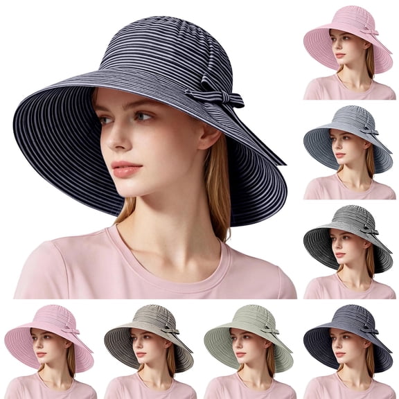 Cutuoiiu Summer Striped Pattern Wide Brim Bucket Hat for Women, Breathable Woven Sun Hat Decorated With Elegant Bow, Beach Travel Outdoor Vacation Sun Shade Hat