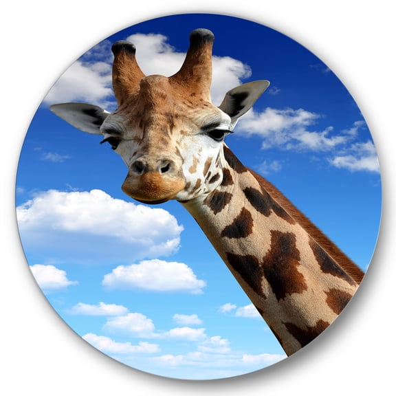 Designart 'A Giraffe On A Blue Sky Portrait' Farmhouse Circle Metal Wall Art 36x36 - Disc of 36