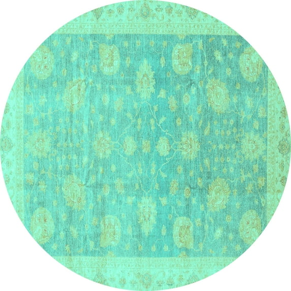 Ahgly Company Machine Washable Indoor Round Oriental Turquoise Blue Modern Area Rugs, 5' Round