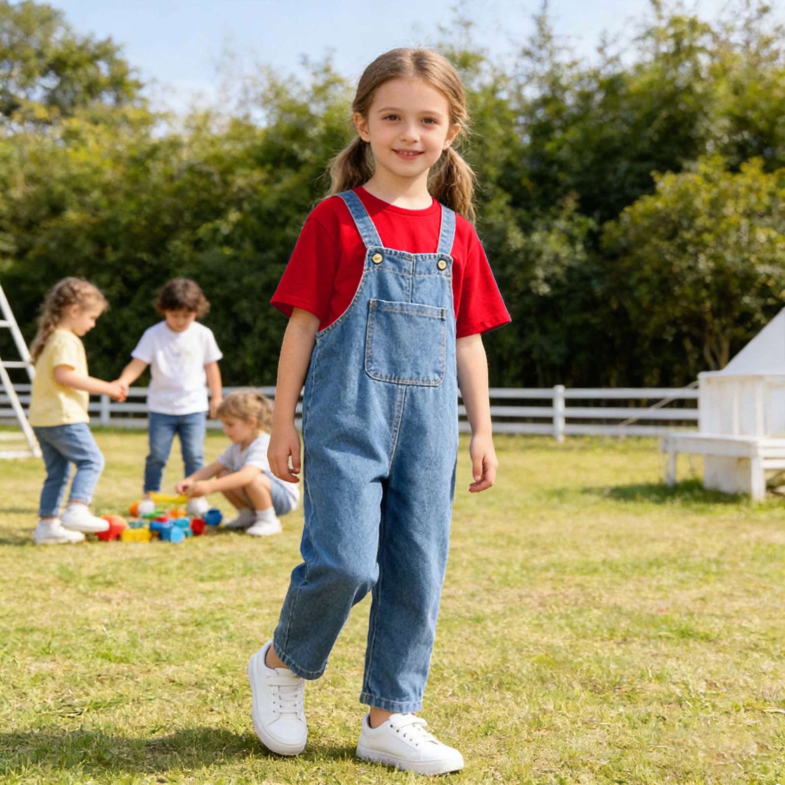 OOOUM Kids Loose Fit Cargo Jeans And Top 2 Piece Outfit Lightweight Comfortable Daily Wear For Toddler & Big Kids Red 6-7 Years