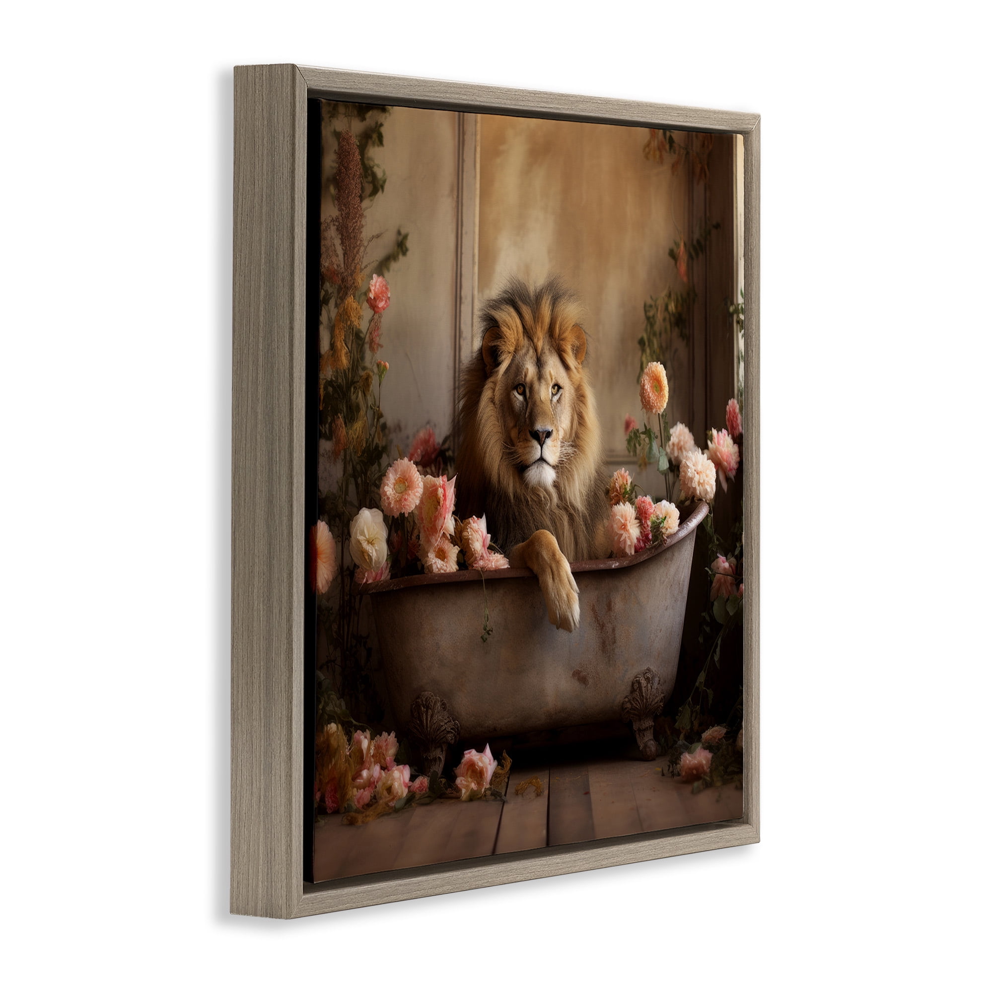 Stupell Industries Lion in Flower Filled Tub Animals & Insects Painting Brown Floater Framed Canvas Art Print Wall Art, 25 x 25
