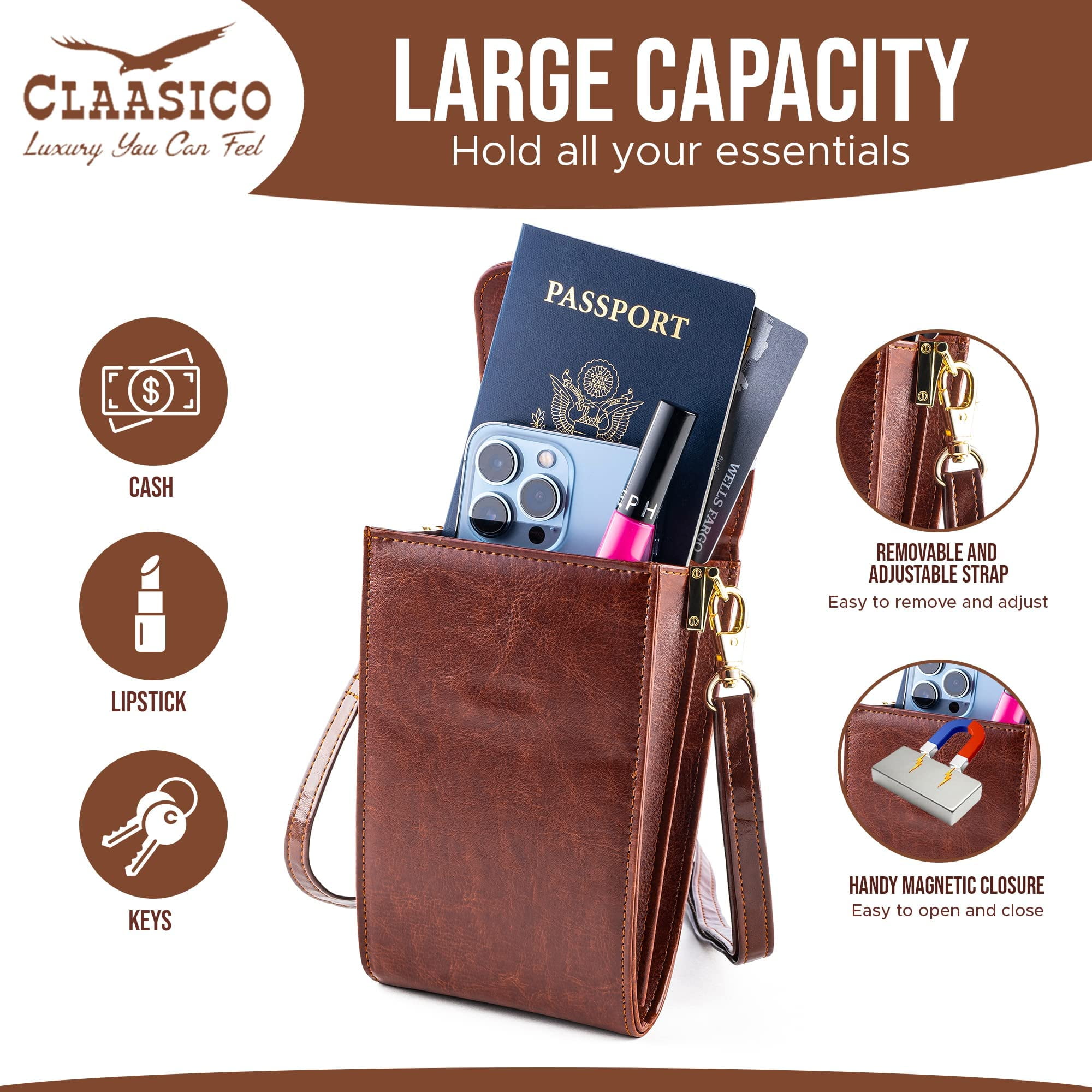 Classico Small Crossbody Phone Purse for Women - Crossbody Bag Wallet for Phone, Cards, Accessories