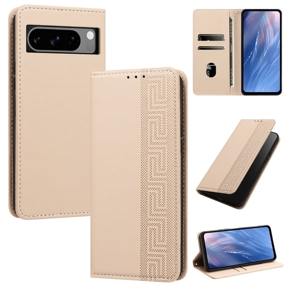 Magnetic PU Leather Wallet Case for Google Pixel 8 Pro, RFID Blocking Flip Phone Cover with Wrist Strap Card Slots Cash Pocket Kickstand Full Body Protection for Google Pixel 8 Pro, Beige