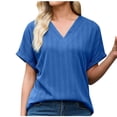 thumbnail image 2 of Homenesgenics Womens Tops under $5 Women's Spring and Summer Solid Color V-Neck Short Sleeved T-shirt Knitted Tops Blue XXL, 2 of 4