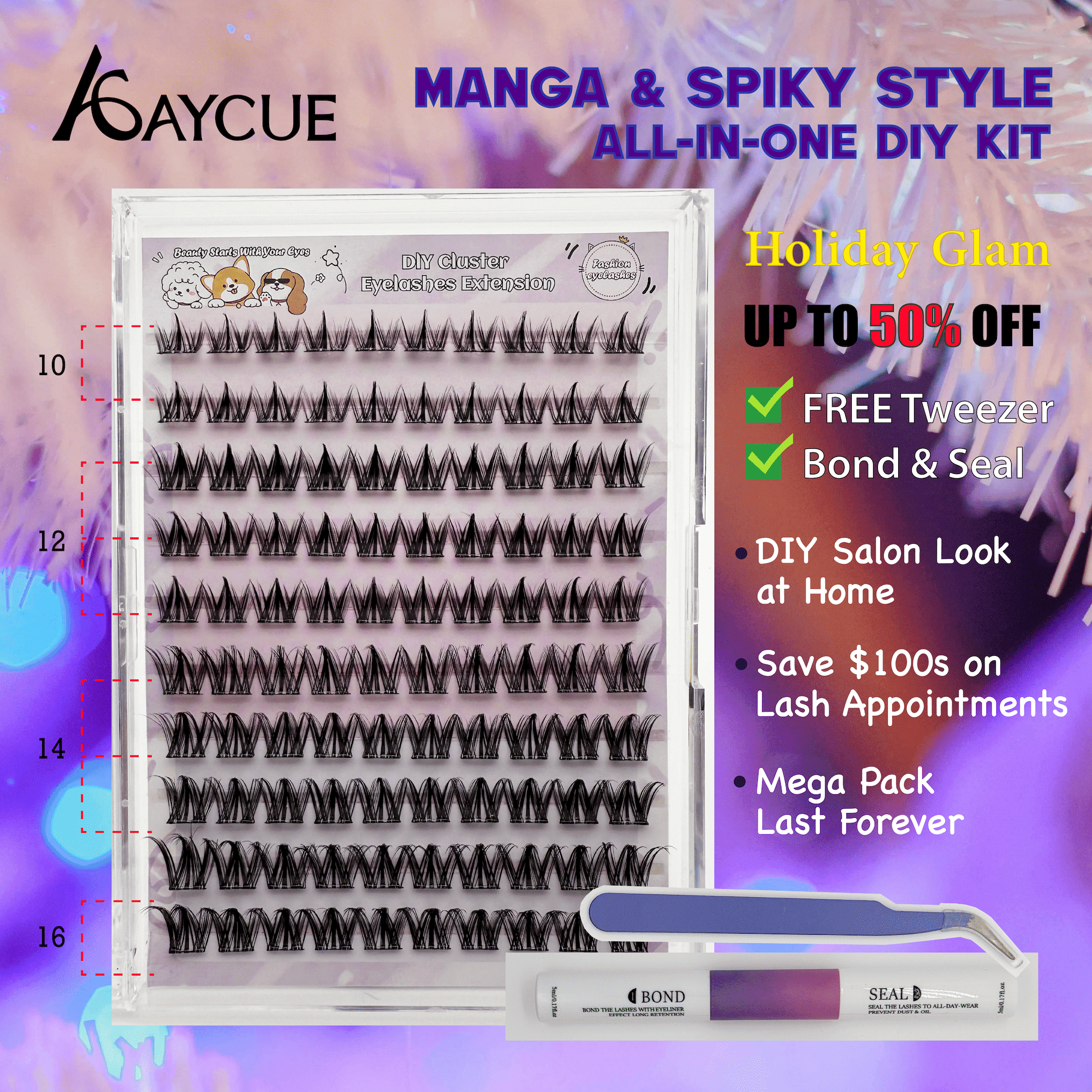 AYCUE Holiday Glam Christmas Special Edition High-Quality Eyelash Suit Subtle Natural Soft Finish Clean Band DIY Fluffy Lash Extension for Festive Looks