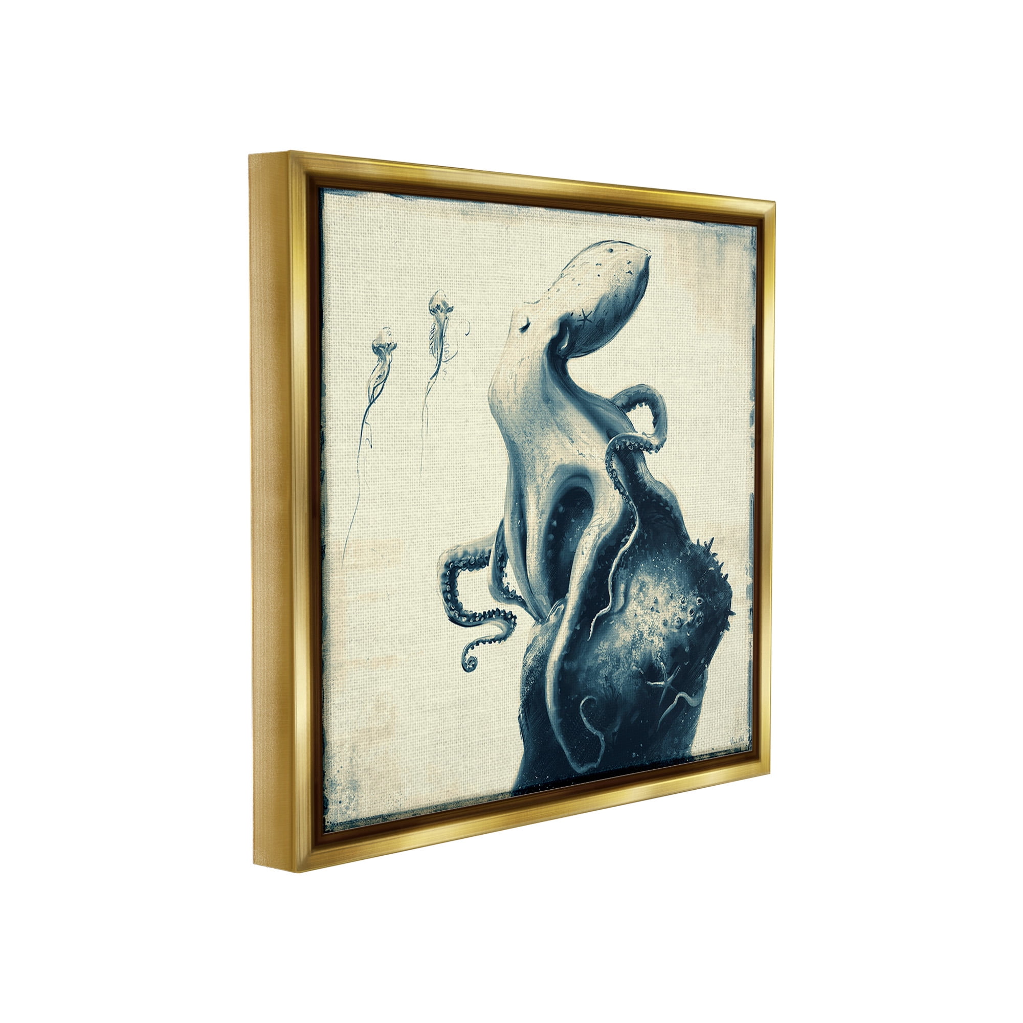 Stupell Industries Vintage Octopus & Jellyfish Animals & Insects Painting Gold Floater Framed Canvas Art Print Wall Art, 18 x 18