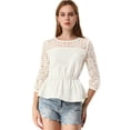 thumbnail image 3 of INSPIRE CHIC Blusas de encaje semitransparentes de cintura elástica con mangas 3/4 para mujer Camisas blanco L, 3 of 6