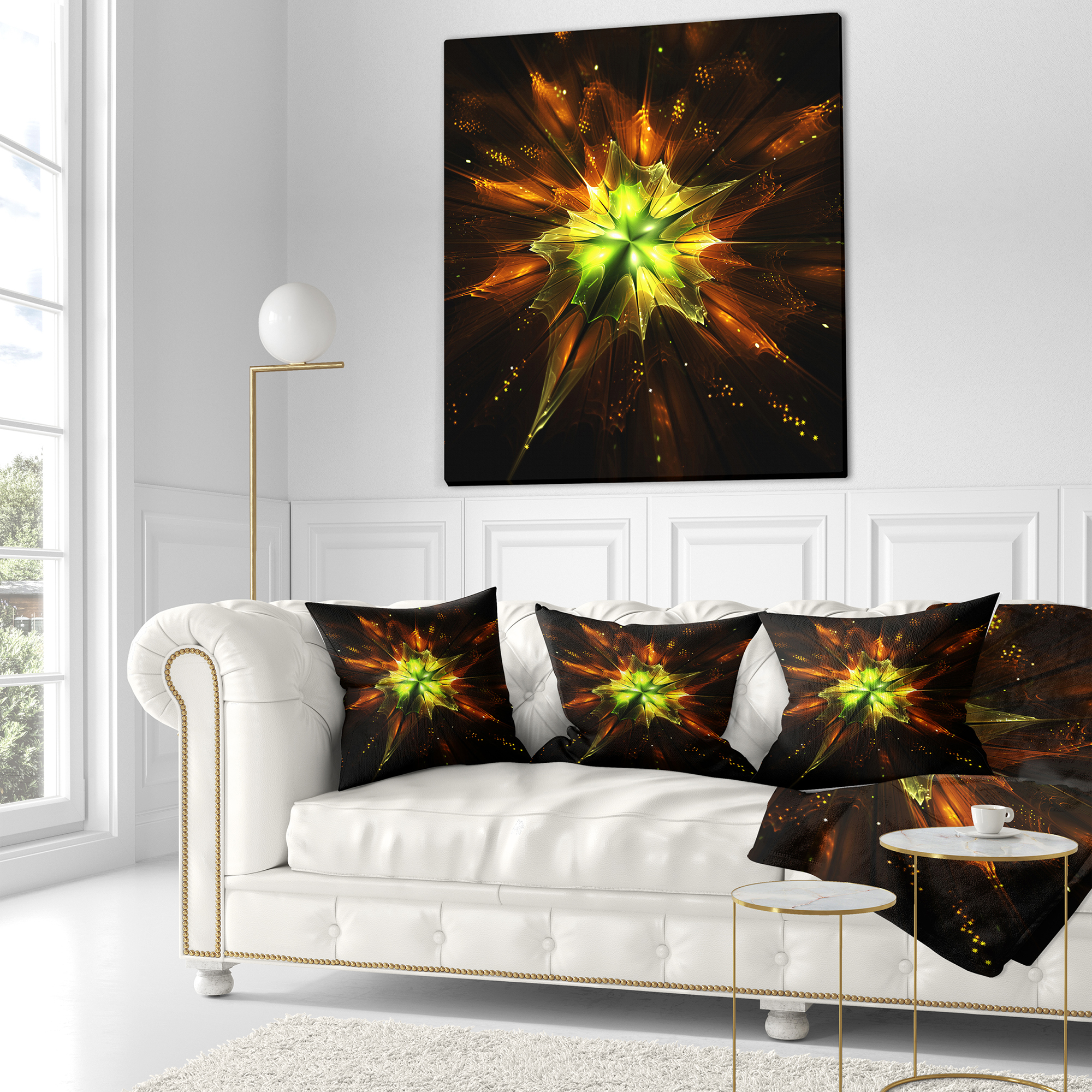 Designart Orange Yellow Green Fractal Flower - Floral Throw Pillow - 16x16