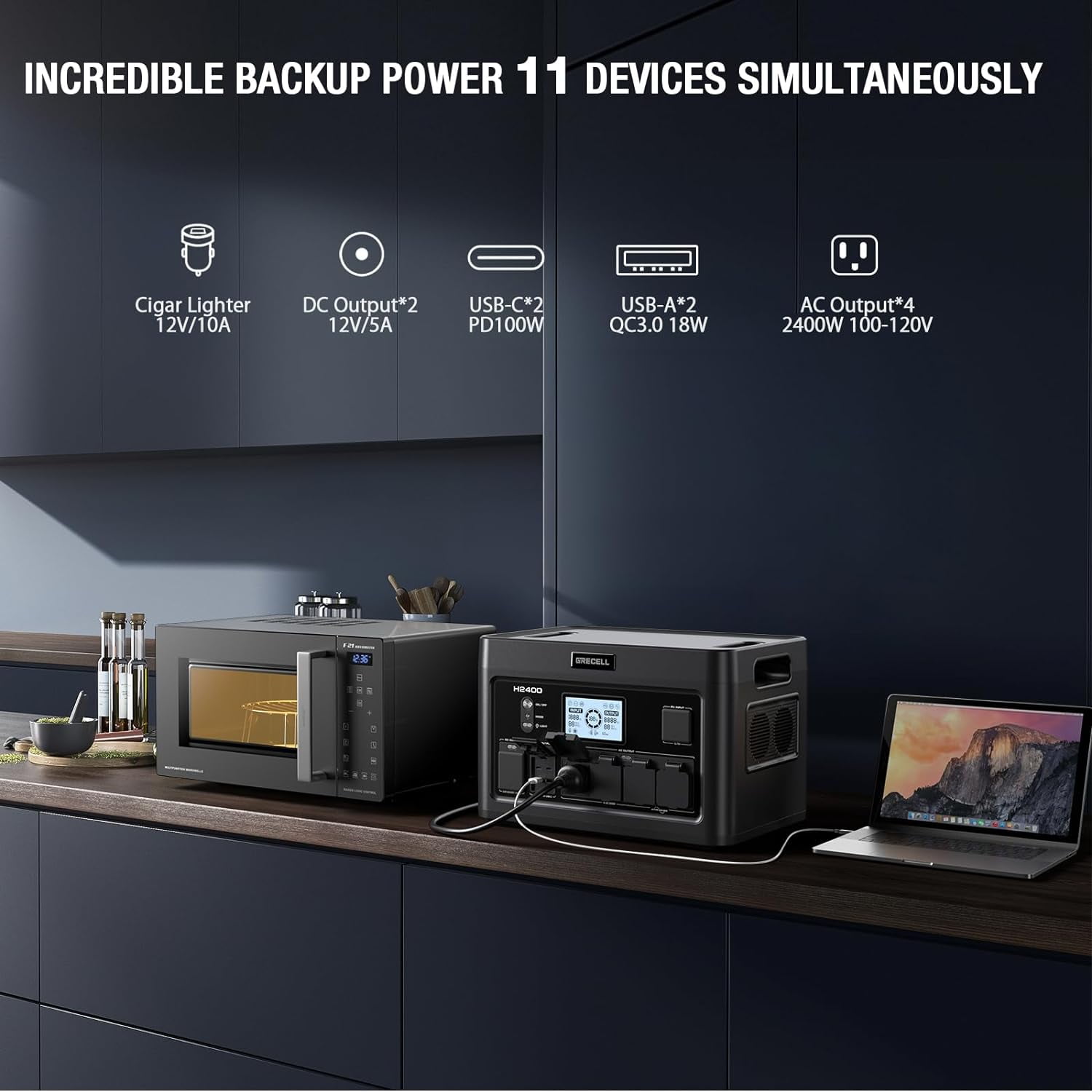 GRECELL Portable Power Station 2400W Solar Generator with 100W Solar Panel, 1843Wh UPS Backup LiFePO4 Battery Power Supply with 11 Outlets(4 2400W AC Outlets,2 PD100W) for Home CPAP Camping RV