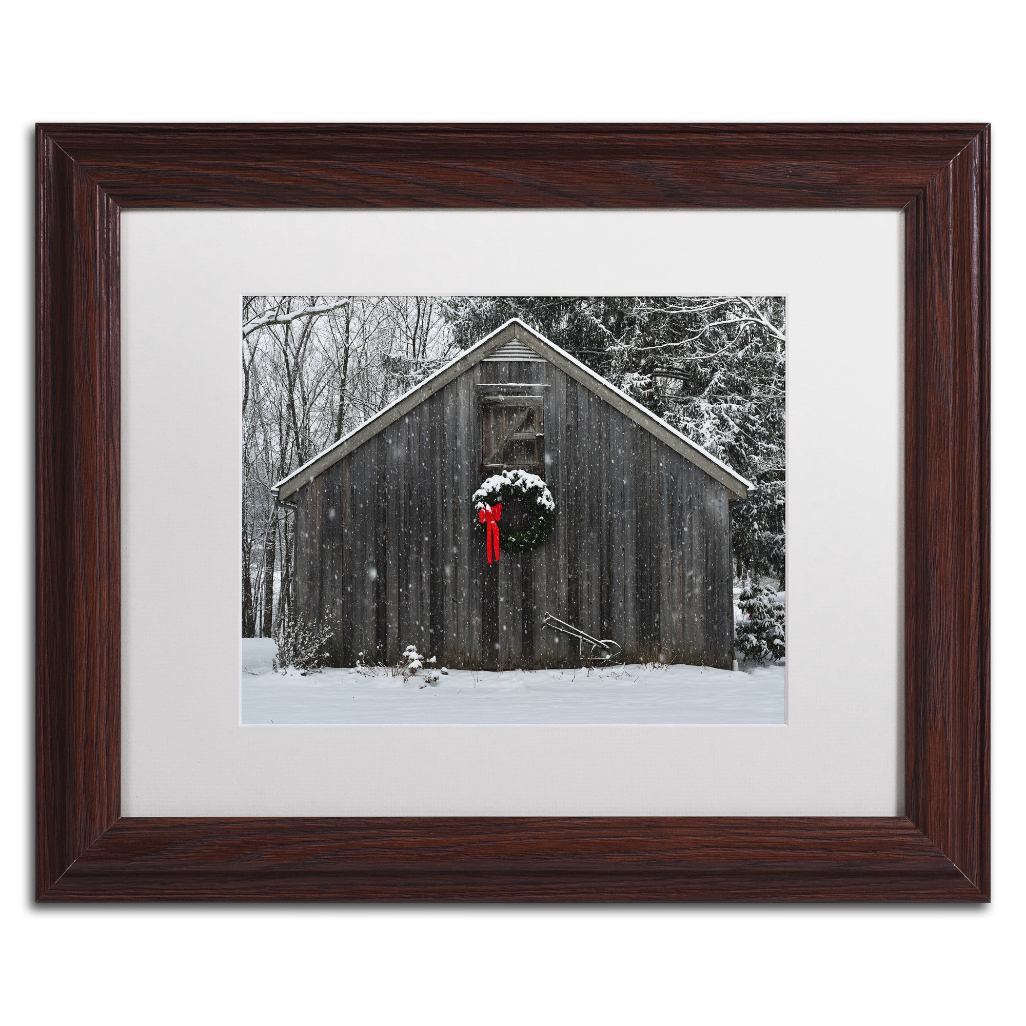Trademark Fine Art "Christmas Barn in the Snow" Canvas Art by Kurt Shaffer White Matte, Wood Frame