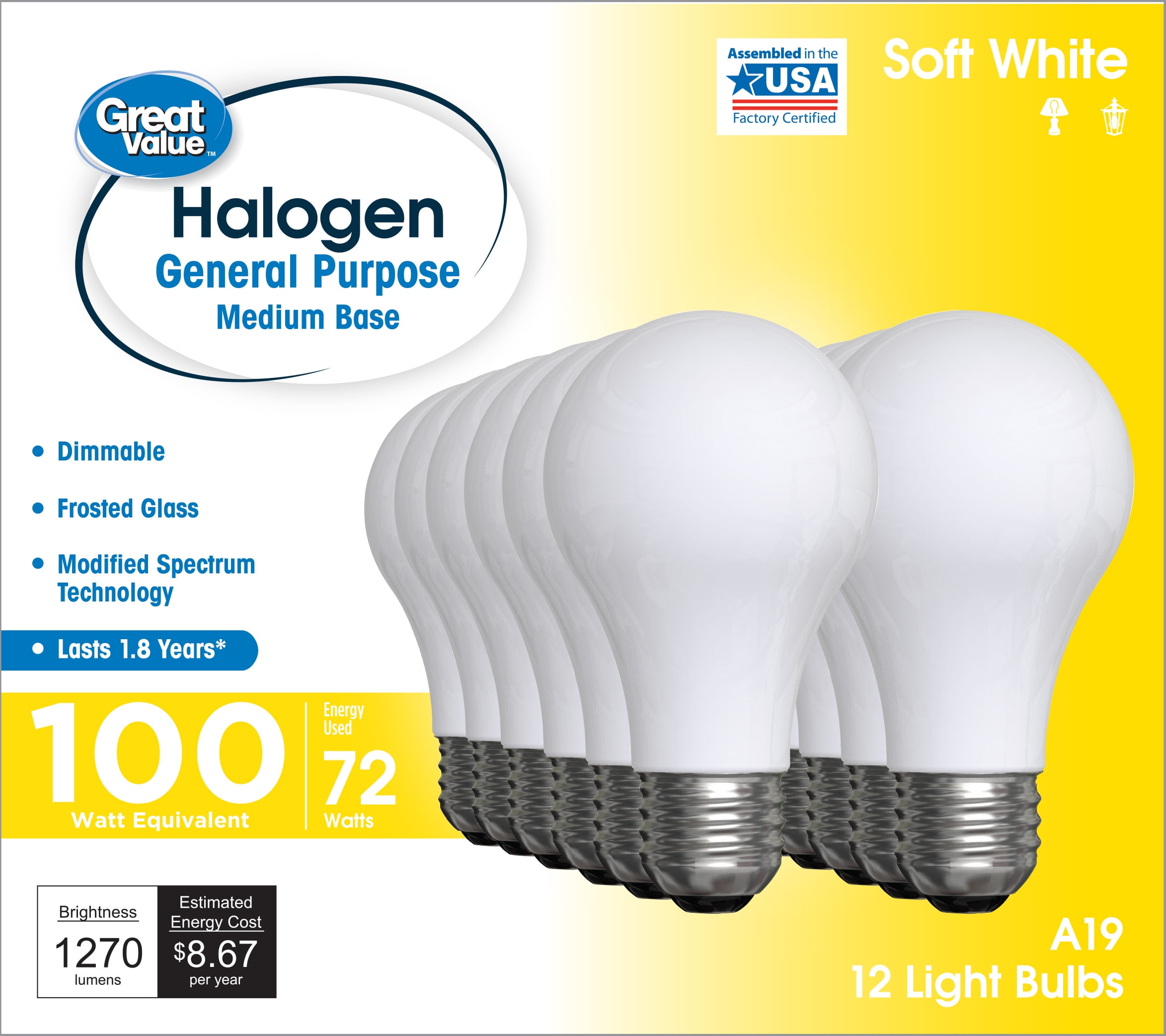 Great Value Halogen Light Bulbs, 100 Watt, Soft White, A19 General Purpose, 12pk
