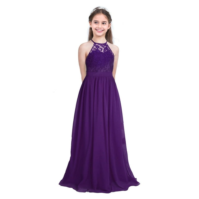 zdhoor Robe Longue en Mousseline et Dentelle à Fleurs pour Filles Enfants Mariage Concours Demoiselle d'Honneur Formelle Fête Soirée Violet Foncé 10