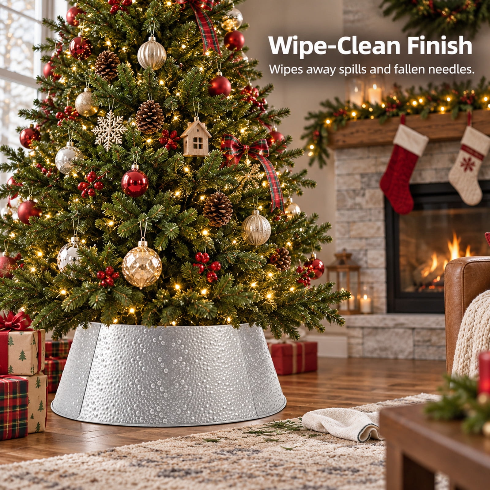 Alvantor Metal Christmas Tree Collar, Waterproof Cover, Silver, 26.57 x 22.05 x 9.45 In