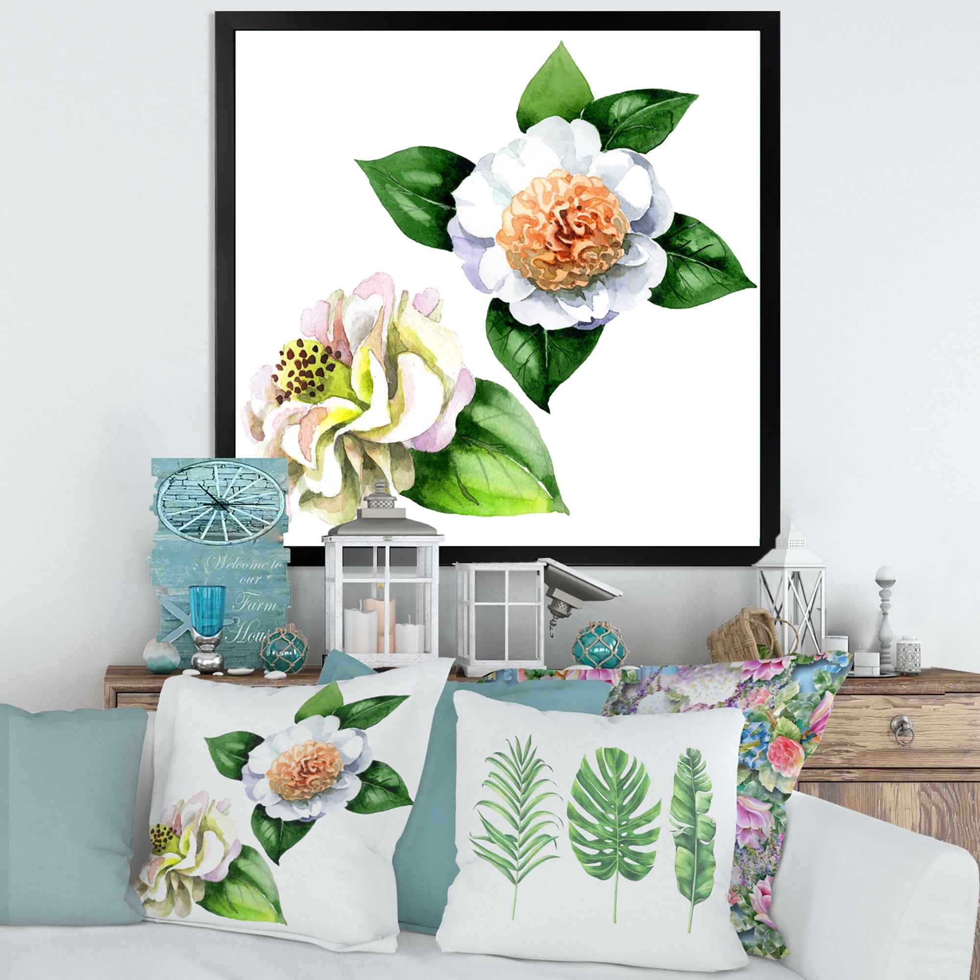 Designart 'Ancient White Camellia Flowers With Green Leaves' Traditional Framed Art Print