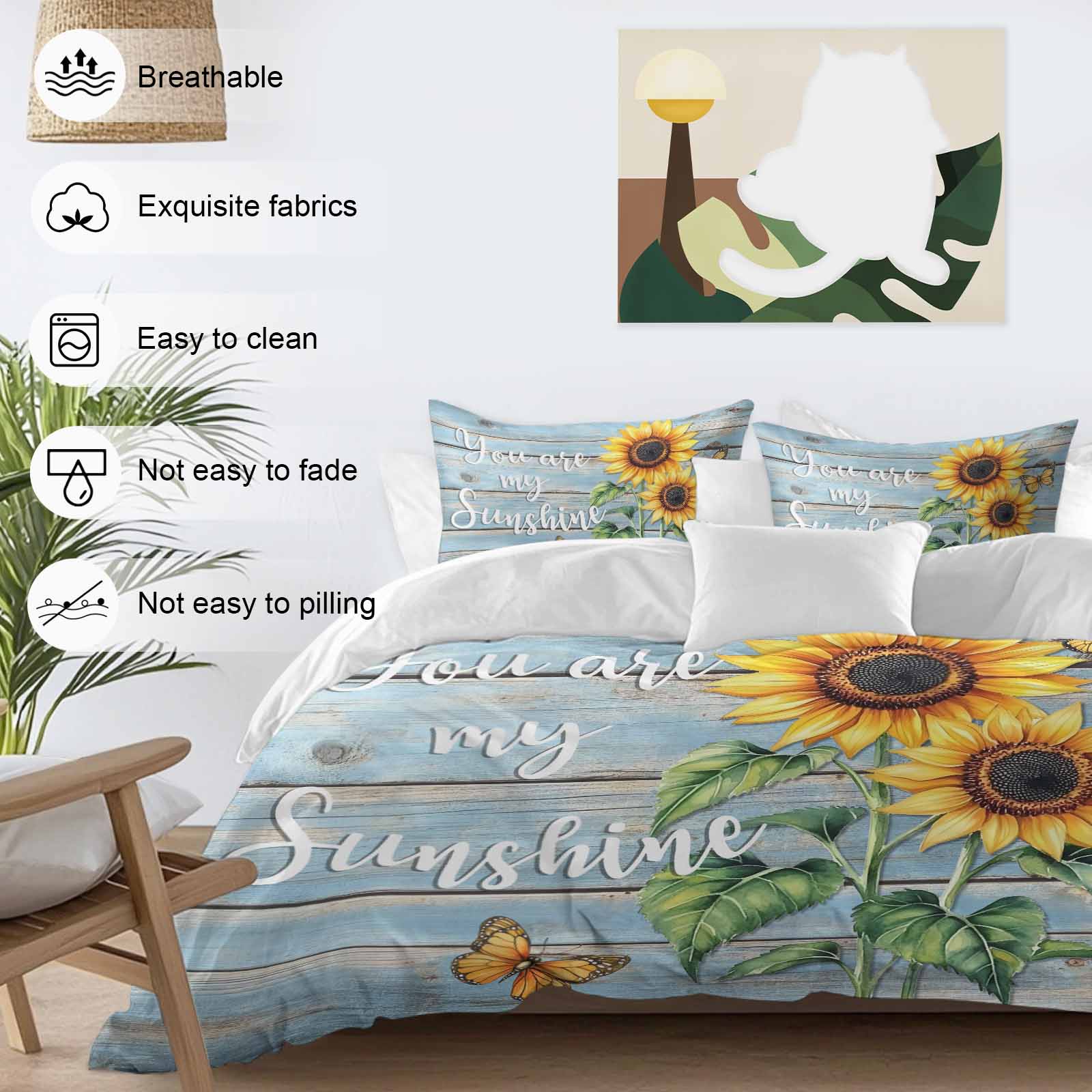 Vintage Sunflower Bedding Duvet Cover Set King 4 Pieces You Are My Sun Shine Butterfly Blue Wood Board Bedding Set with Zipper Closure,1 Comforter Cover 92x106 Inches 1 Flat Sheet & 2 Pillow Cases