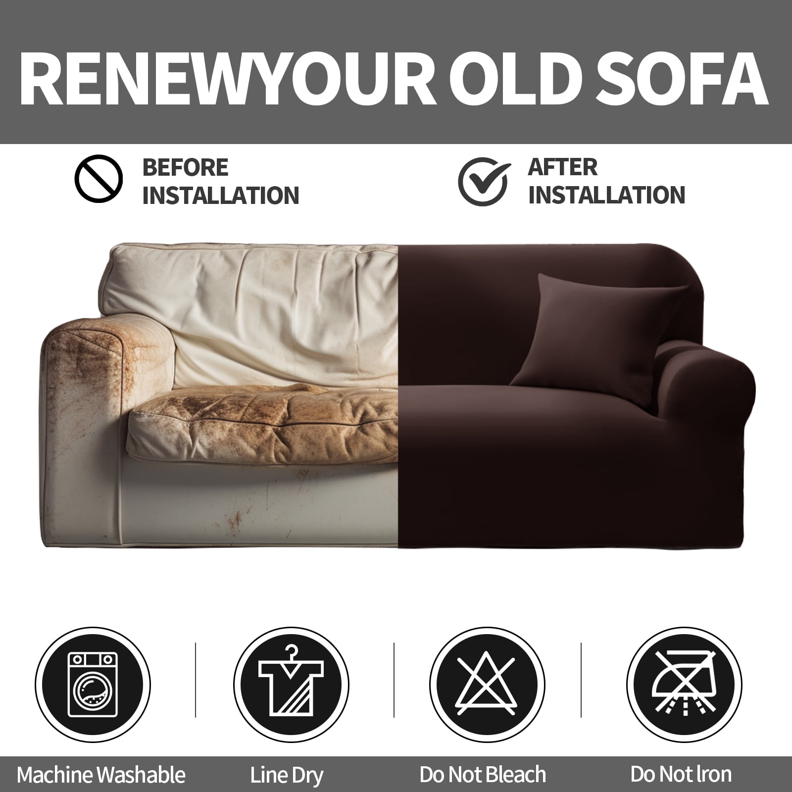 YEAHOME Stretch Sofa Slipcover with Pillow Case 1-Piece Sofa Cover Furniture Protector Couch Soft with Elastic Bottom for Kids Pet Protector Furniture Covers(Sofa, Brown)