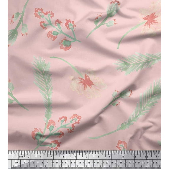 Soimoi Cotton Poplin Fabric Flower & Palm Leaves Watercolor Print Fabric by Yard 42 Inch Wide