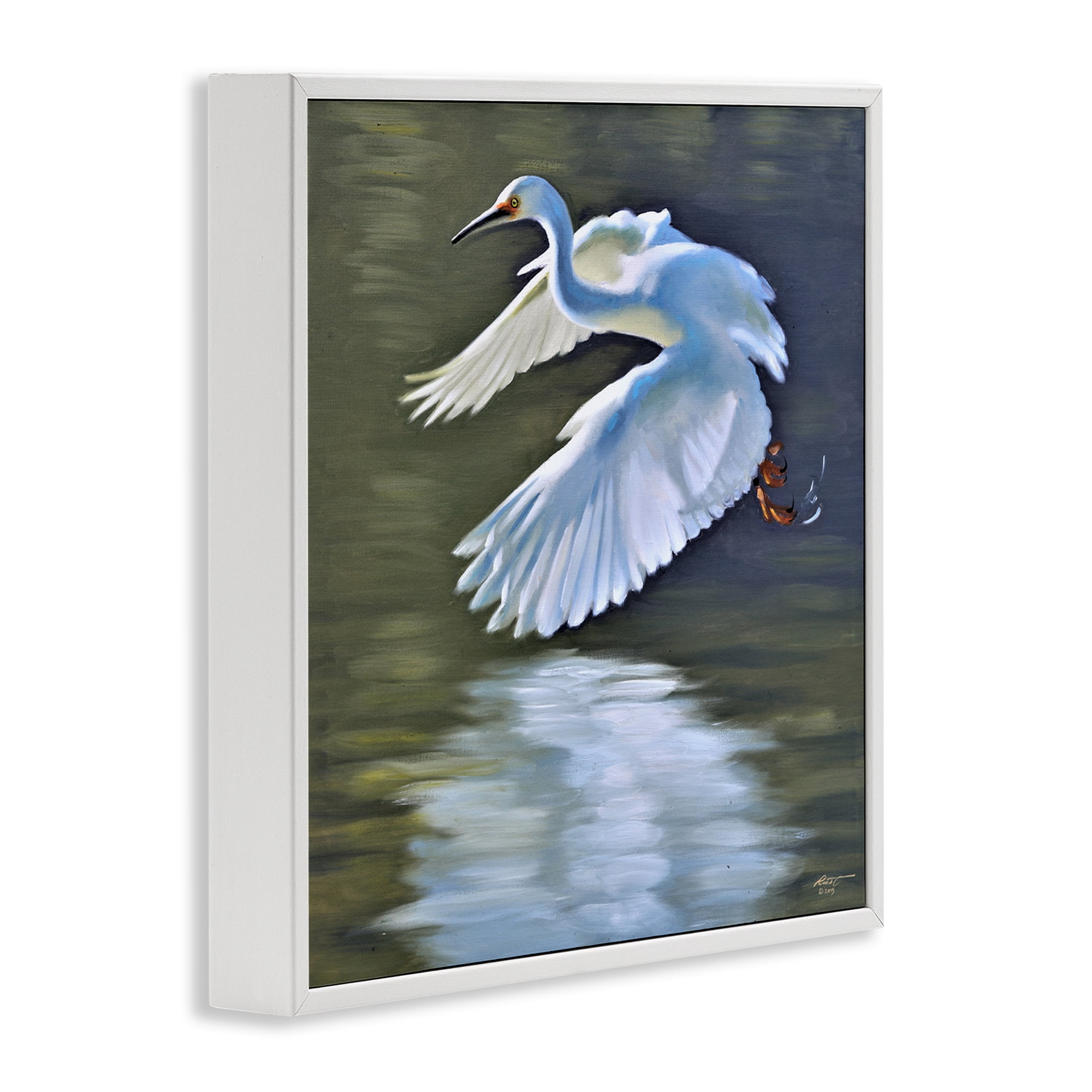 Stupell Industries Egret Flying Lake Surface Animals & Insects Painting White Framed Art Print Wall Art, 17 x 17