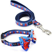 Personalized Dog Cat Collar with Bowtie & Handle Leash Set, Blue & Santa Claus
