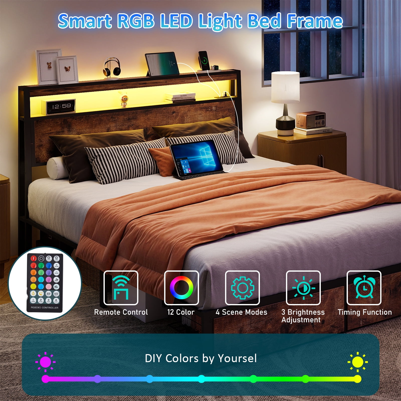 DRNANLIT Full Bed Frame with 2-Tier Storage Headboard, Metal Bed Frame with 2 Drawers & Built-in Charging Station & LED, Noise-Free, No Box Spring Needed, Easy Assembly,Brown