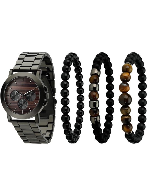Men's Watch and Bracelet Set Quartz Watch Set with Stackable Beaded Bracelets 3ATM Water Resistant Watch Sets for Men Stylish for Business and Casual Wear