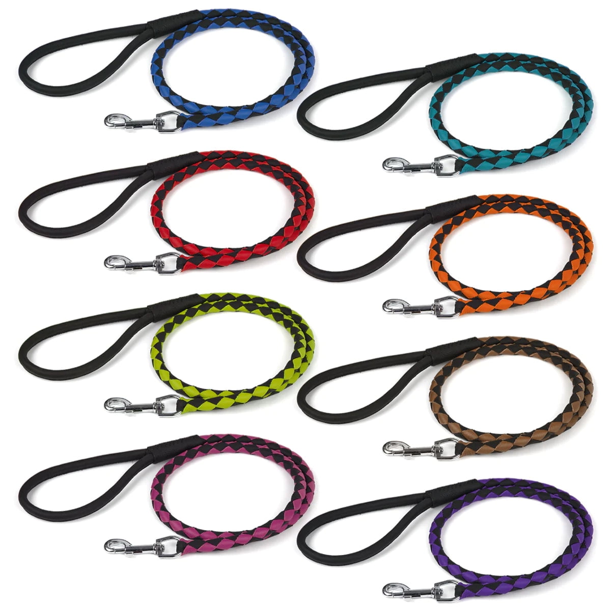 Dogline L2049-1-23 Dogline Round Braided Leather Leash, Black & Teal - 0.38 W x 48 L in.
