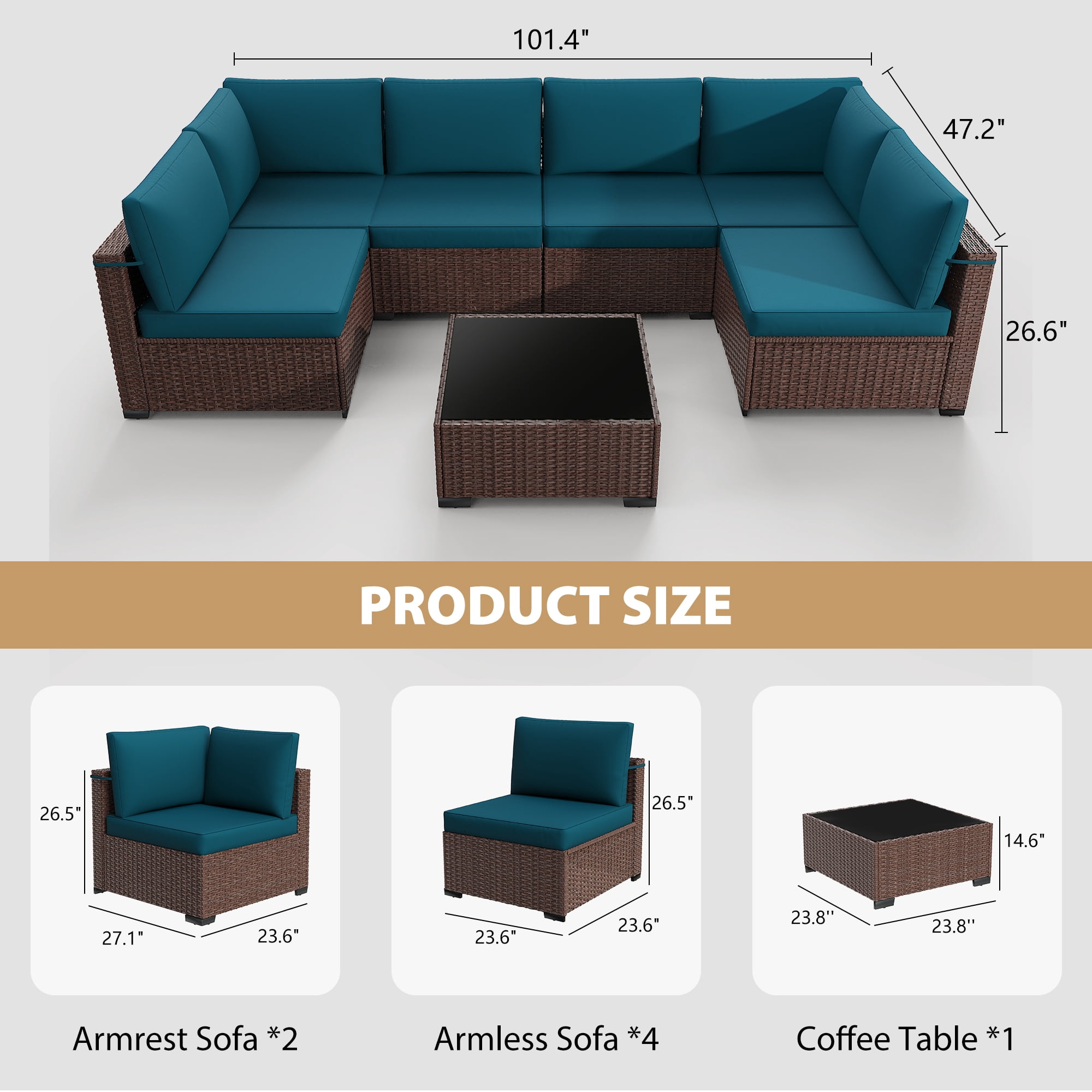 KIGOTY 7 Piece Outdoor Patio Furniture, Wicker Rattan Outdoor Conversation Set Sectional Sofas for Backyard, Garden, Brown-Blue