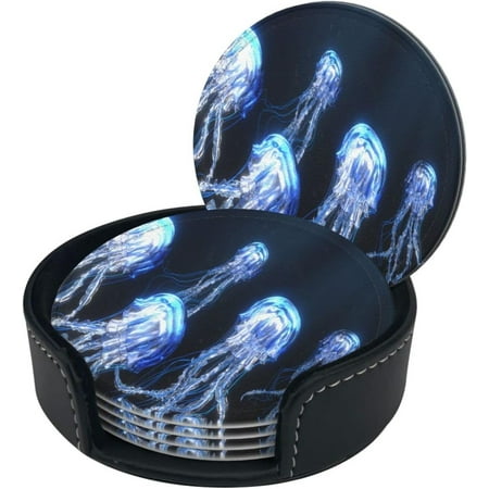 

Round Coaster Set of 6 with Holder Blue-Glowing-Jellyfish Leather Coasters for Drinks