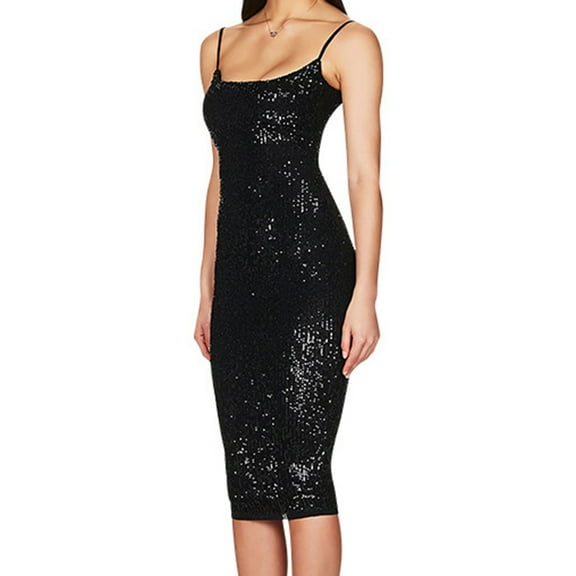 Cavosen Womens Dresses for Wedding Guest Black Sequin Elegant Spaghetti Strap Sleeveless Midi Dress Glitter Sparkly Calf Length Dress Flowy Bodycon Wrap Party Dress Evening Prom