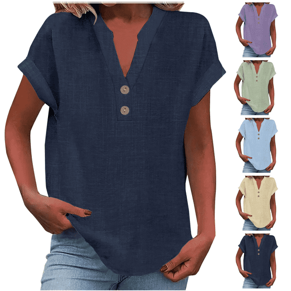 Lunaseek Cotton Linen Shirts for Women Summer Tops Short Sleeve Button V Neck T-Shirts Casual Tunic Top Loose Comfy Solid Blouse Tees