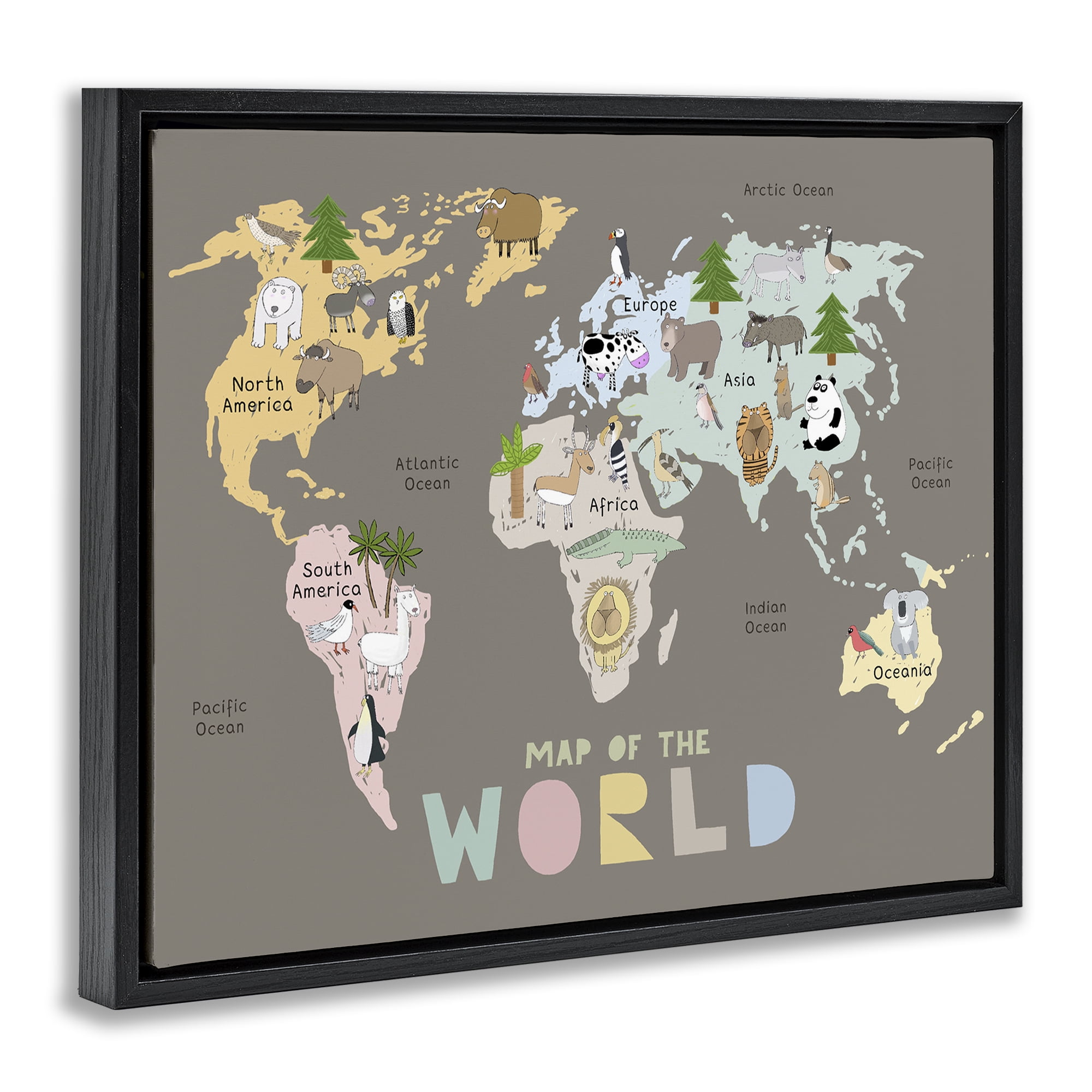Kid's Map Of World Brown Black Framed Floater Canvas Wall Art, design by Carla Daly