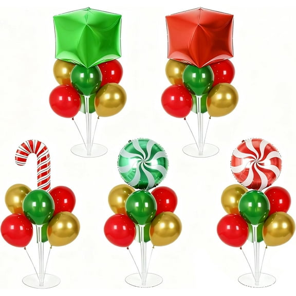 Christmas Party Balloon Stand Kit, 4 Sets Holiday Balloon Decor with Foil Balloons, Stands & Balloon Box for Table Centerpiece, Xmas Tree Party Decoration Indoor Outdoor