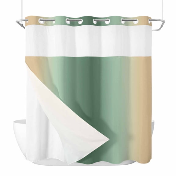 No Hook Sage Green Yellow Ombre Shower Curtain with Snap in Liner Set, Farmhouse Modern Gradient Art Waterproof Fabric Bathroom Curtains with See Through Top Window, Hotel Style Modern 66 x 72 Inch