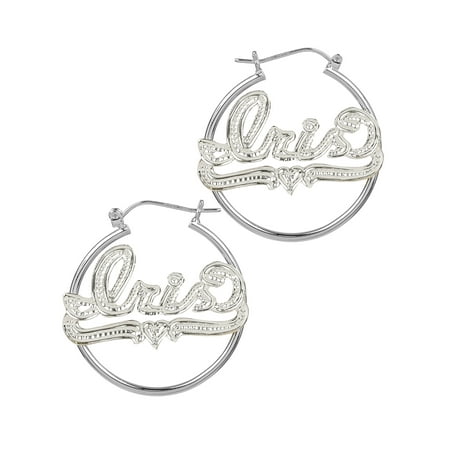 Square Beaded Hoops - Personalized Sterling Silver Tube Hoop Name Earrings with Beading and Rhodium All Over The Name, Tail and Heart