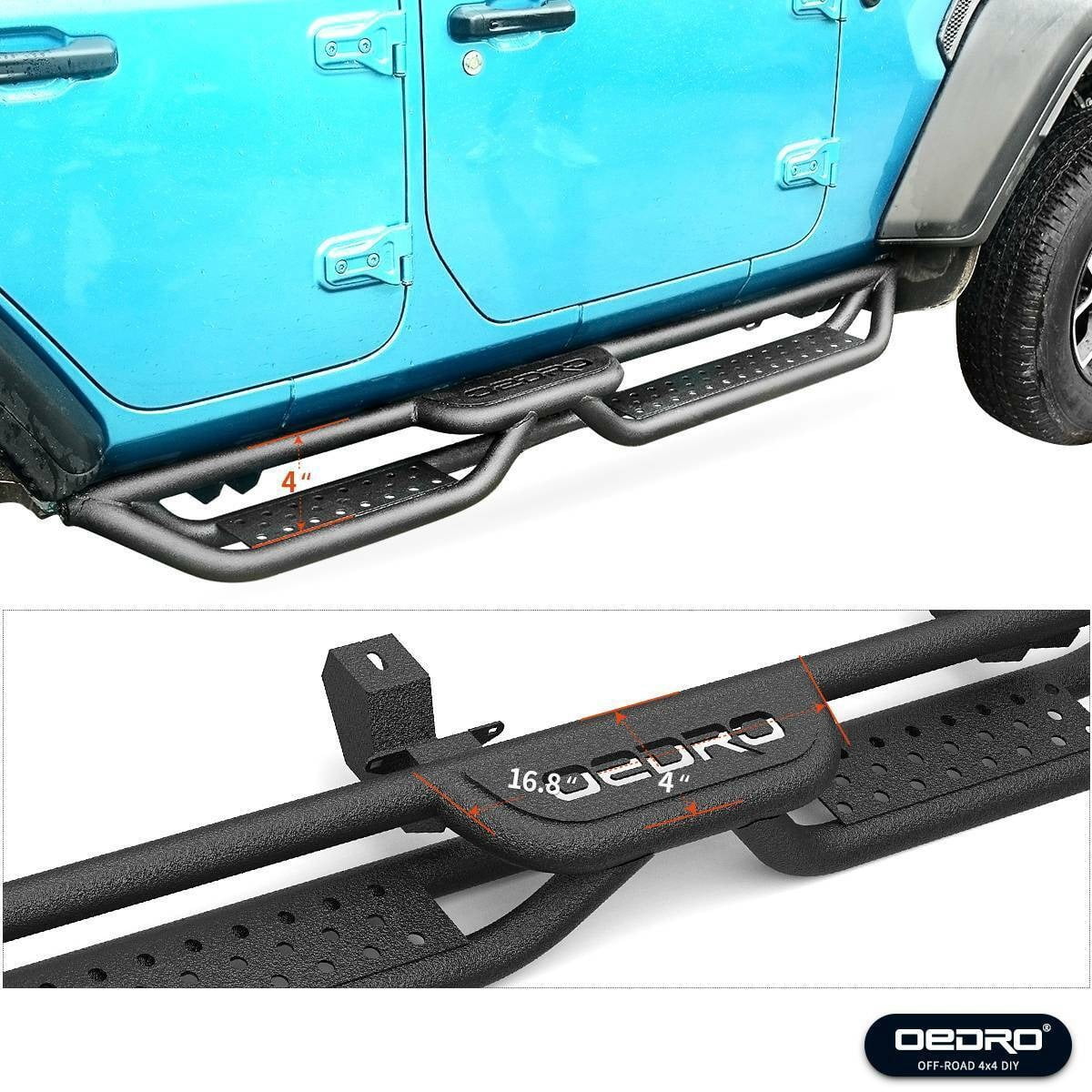RVNI 6 in Running Boards for 2018-2023 2024 2025 Jeep Wrangler JL 4 Door All-Steel Build Side Steps with Leaf Shaped Black Powder Coated