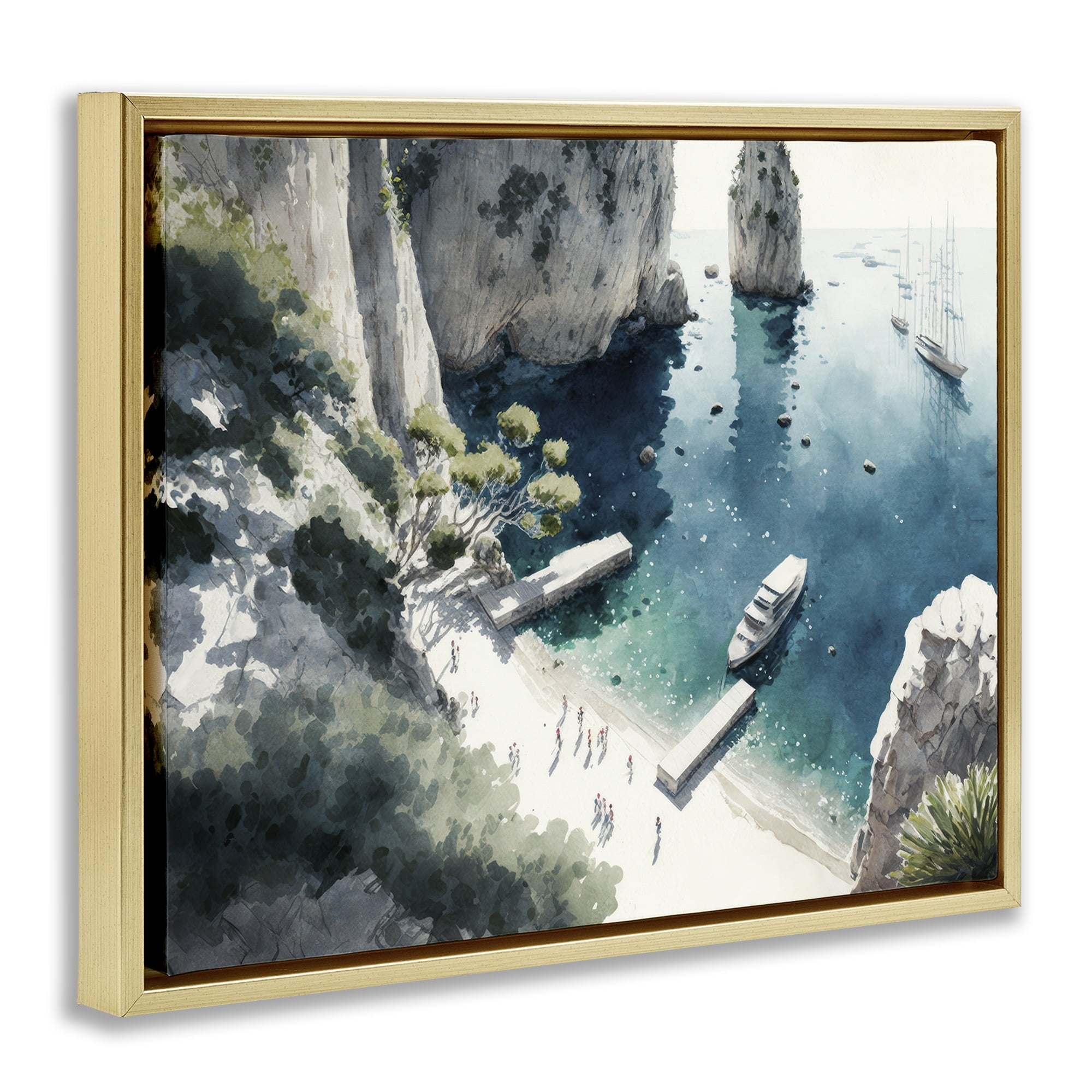 Stupell Industries Boats on Rocky Shore Landscape & Nature Painting Gold Floater Framed Canvas Art Print Wall Art, 31 x 25