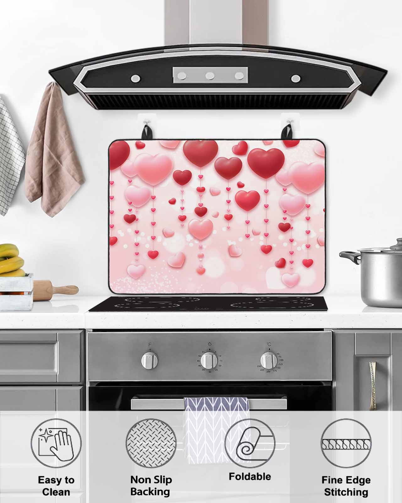 Large Induction Cooktop Protector Mat Pink Valentine's Day Stove Top Covers for Electric Stove, Romantic Love Heart Decorative Stove Burner Cover Mats, Glass Top Stove Cover