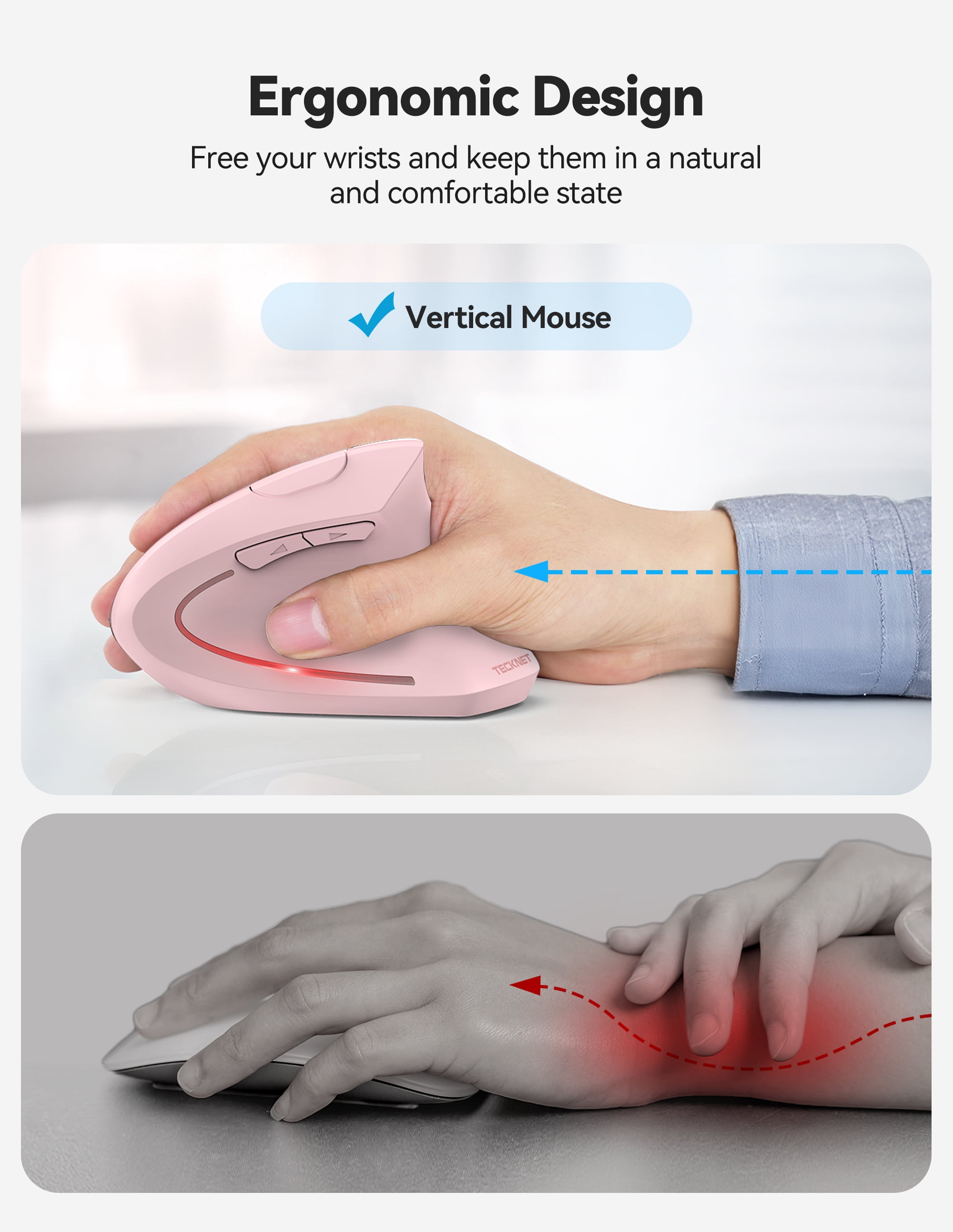 TECKNET Ergonomic Mouse, Rechargeable 2.4G+Bluetooth Vertical Mice 6 DPI Adjustable, Wireless Optical Carpal Tunnel Mouse Right Hand, Multi Device for Laptop, PC, Computer, MacBook, iPad - Pink