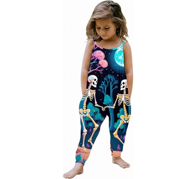 PINQI Party Bodysuits for Baby Children Halloween Outfit Baby Kids Jumpsuit Pants Clothes with Pocket Print Sleeveless Strap Cute Jumpsuit(Blue,5-6 Years)