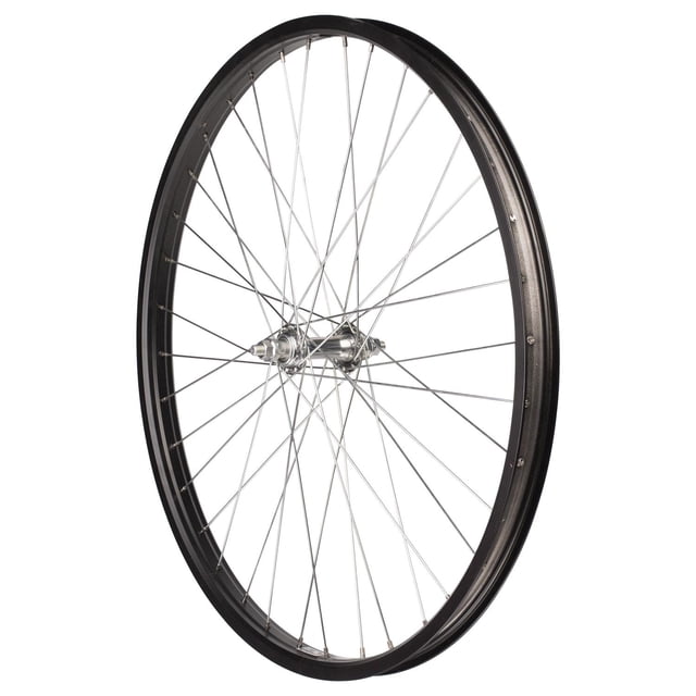 rin completo para bicicleta r26x36h aluminio Bicimex negro, vista frontal centrada de aro 26" con 36 hoyos; llanta de aluminio con borde negro, buje delantero de fierro plateado y rayos cruzados visibles sobre fondo blanco. A menudo usado como repuesto para ruedas 26" en bicicletas urbanas y de paseo.