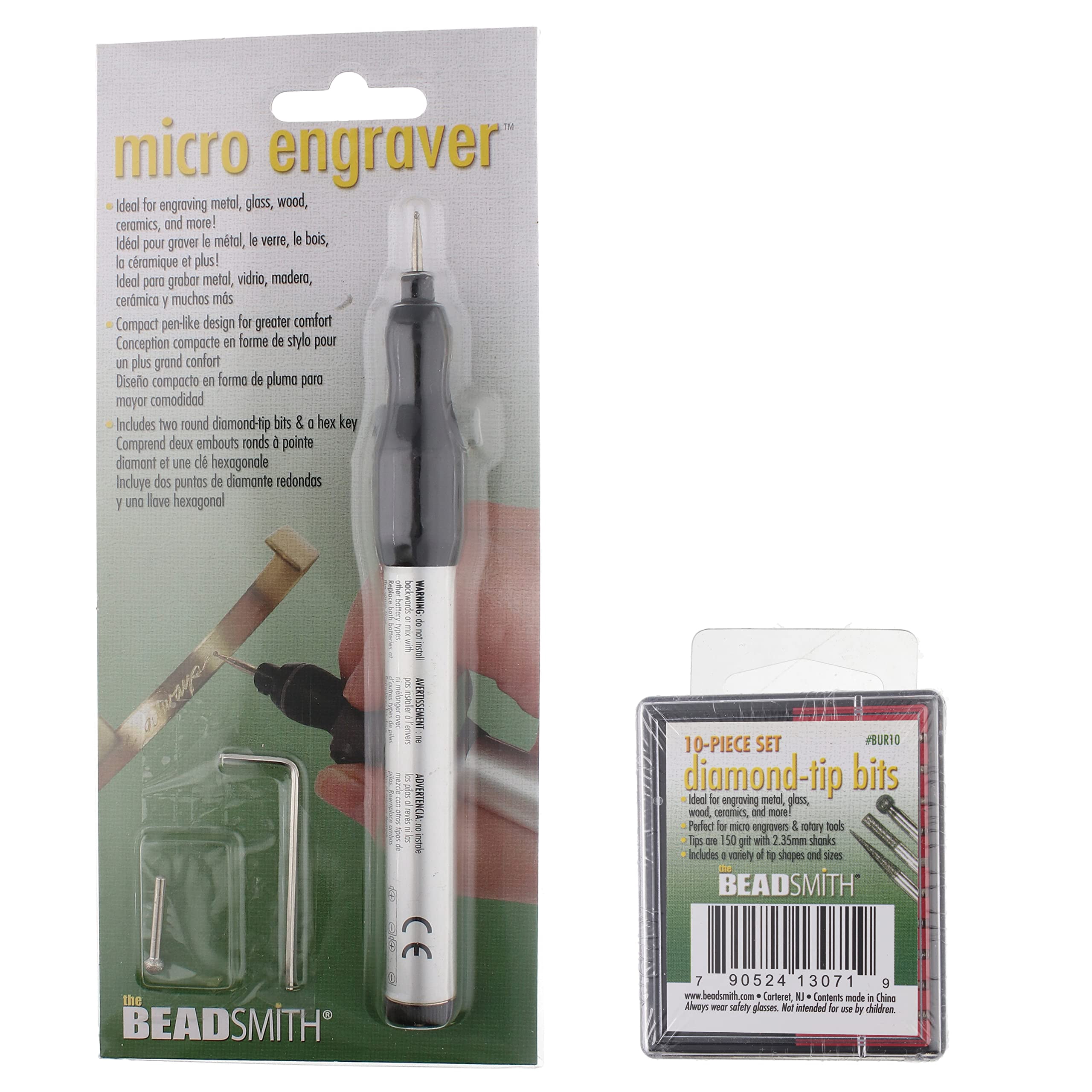 The Beadsmith Engraver Set - Battery Operated Micro Engraver & 2 Round Diamond-Tip Bits – 10-Piece Diamond Tip Bits – Ideal for Engraving, Polishing & Sanding on Metal, Glass, Wood, Ceramics & More