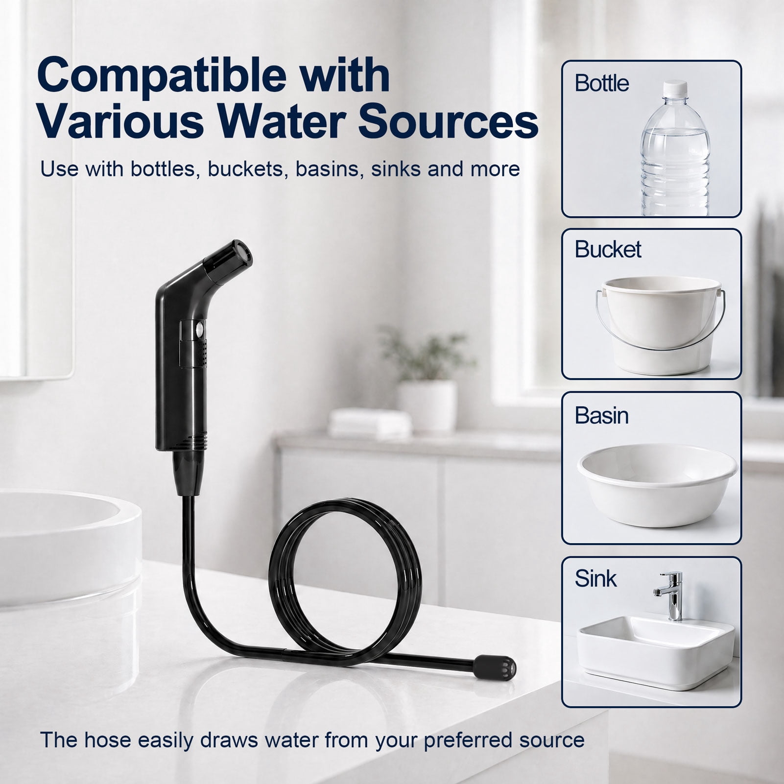 WOWER Rechargeable Portable Bidet with 2 Spray Modes, 800mAh Battery and 2M Hose for Travel, Camping and Postpartum Care