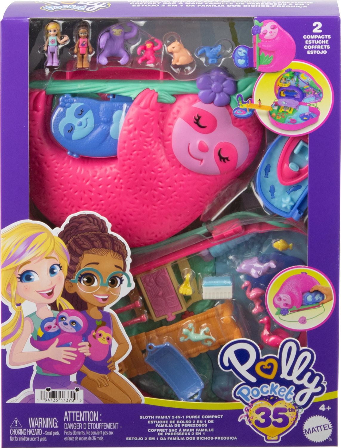 Polly Pocket Dolls and Micro Playset, Travel Toys, Sloth Family 2-in-1 Purse Compact and Accessories