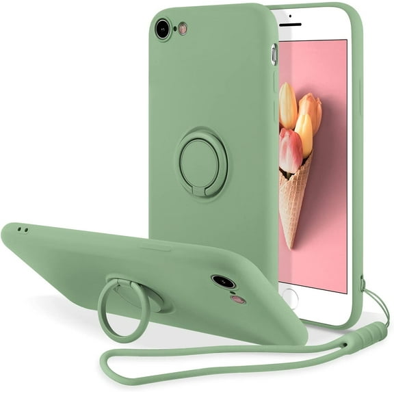 Case for iPhone SE 2022 5G/iPhone 7/iPhone 8/iPhone SE 2020, Slim Liquid Silicone Phone Case with Ring Holder Kickstand Hand Strap Magnetic Car Mount Bumper Cover iPhone SE3/SE2 -MatchaGreen