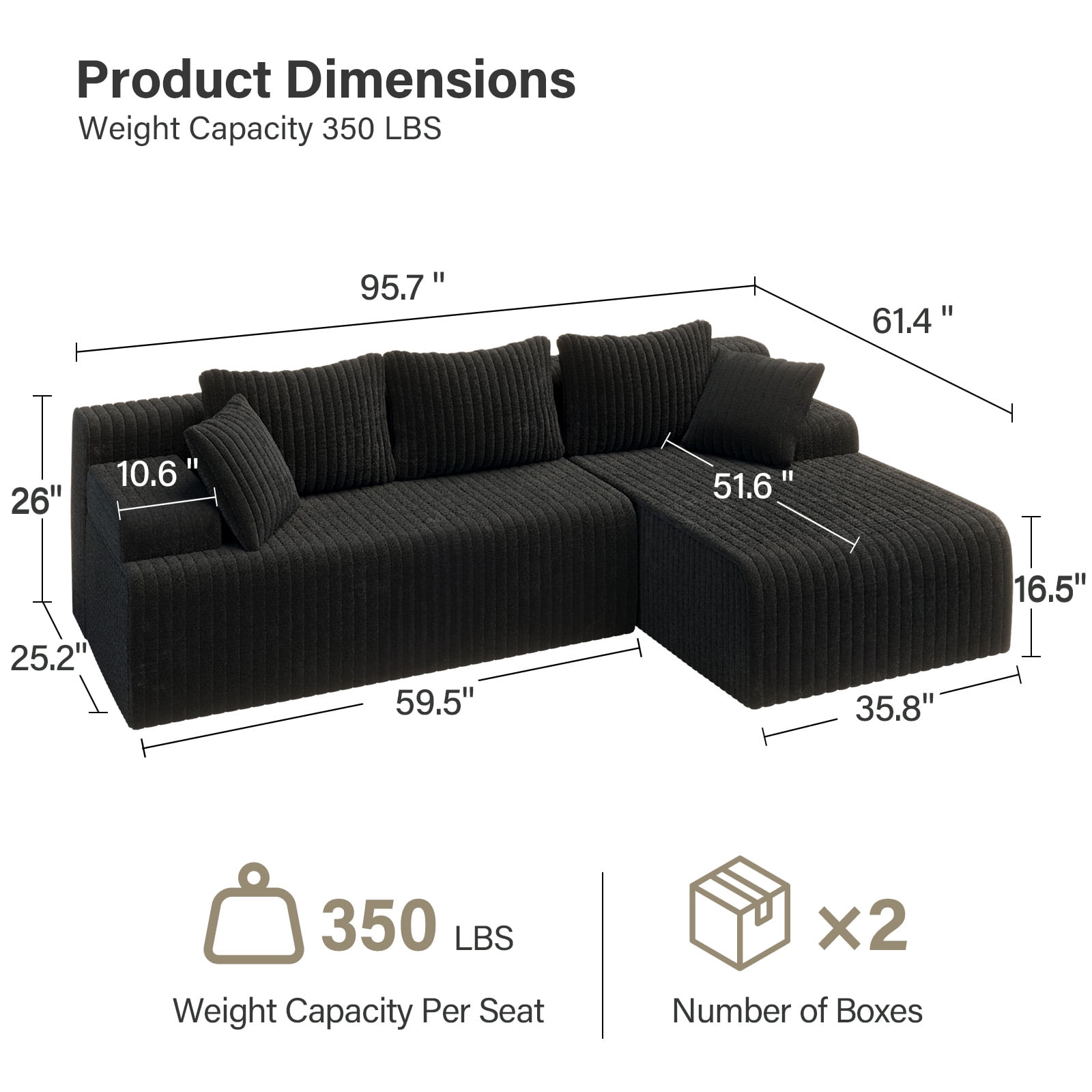 LAUSAINT HOME 96" Boneless Sectional Sofa, L-Shaped Modular Cloud Couch with Deep Seat & Plush Corduroy Fabric, (Black, Right Facing Chaise)