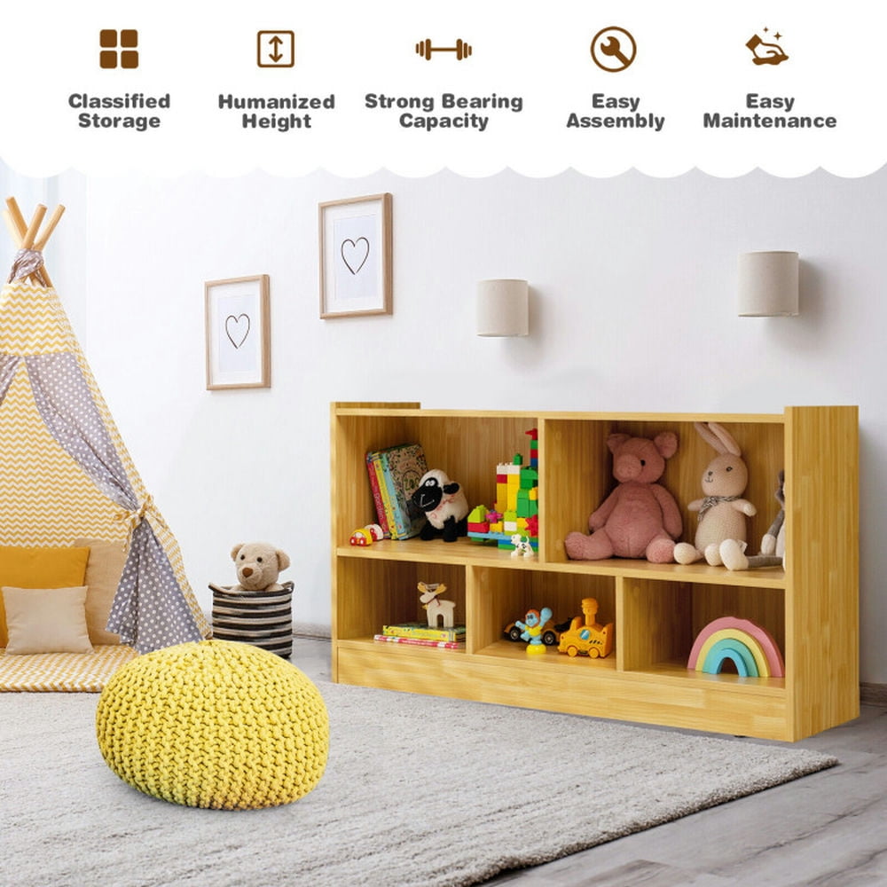 Topcobe Kids 2-Shelf Bookcase 5-Cube Wood Toy Storage Cabinet Organizer, Kids Toy Storage Organizer-Beige