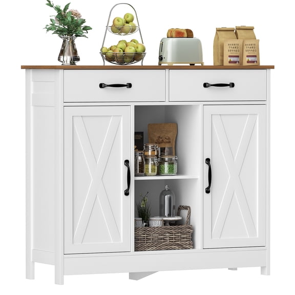 JPIZISO White Buffet Cabinet with 2 Drawers, Coffee Bar Cabinet with Adjustable Shelves, Kitchen Sideboard for Dining Room and Living Room