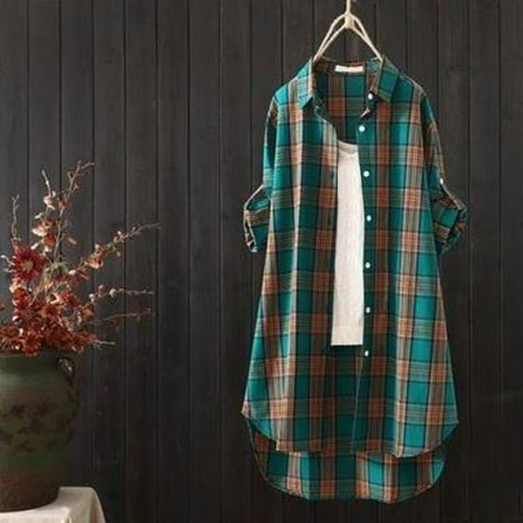 Blmnix Top Western Plaid Tunic High Low Plus Size Shirts Long Sleeve Collared Blouses